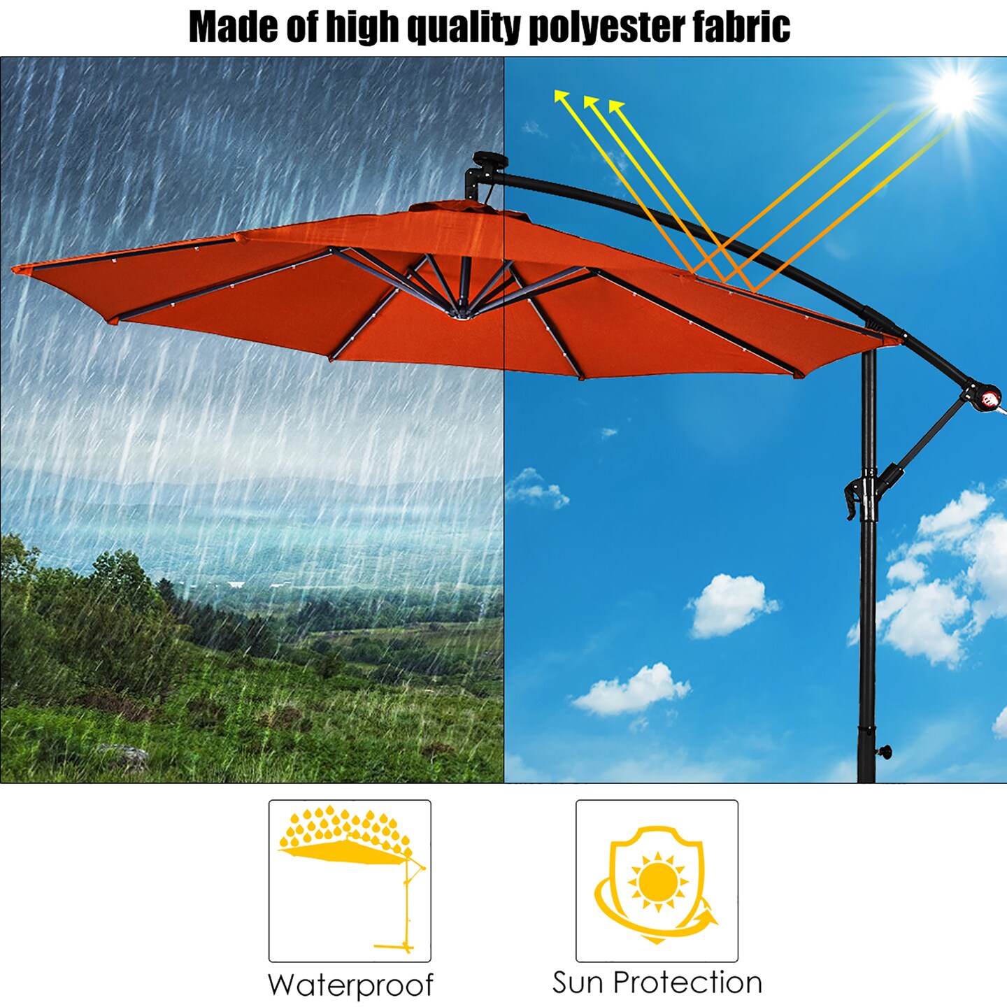 Costway 10' Hanging Solar LED Umbrella Patio Sun Shade Offset Market W/Base Orange