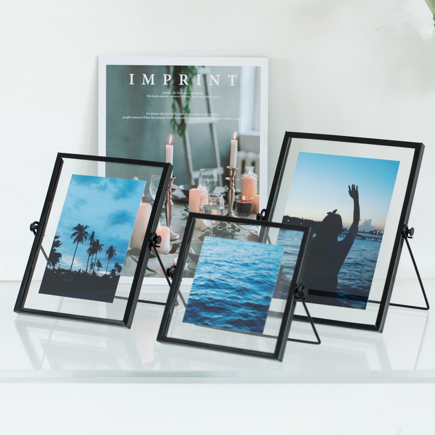 Modern Metal Floating Tabletop Photo Picture Frame with Glass Cover and Easel Stand