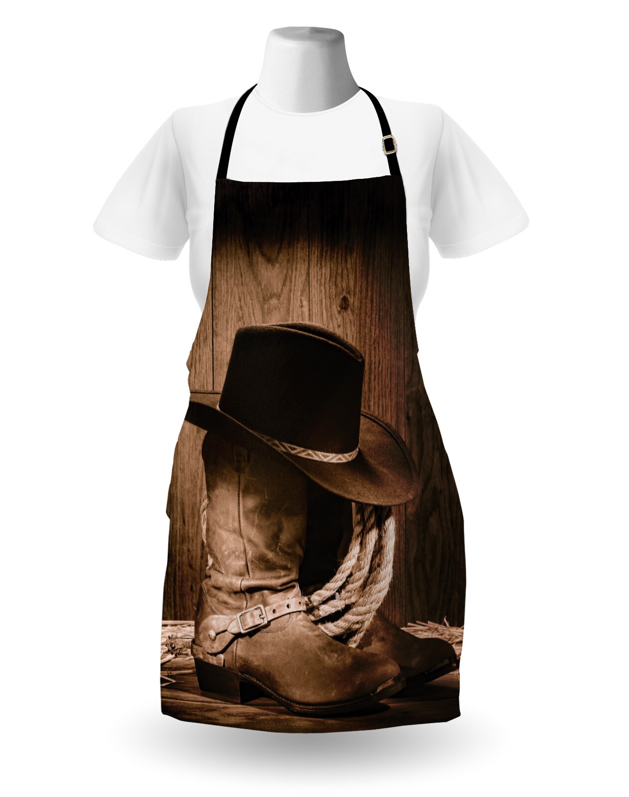 Ambesonne Western Apron, Wild West Themed Cowboy Hat and Old Ranching on Wooden Display Rodeo Cowboy Style, Unisex Kitchen Bib with Adjustable Neck for Cooking Gardening, Adult Size, Brown