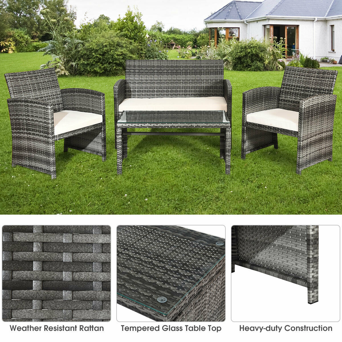Costway 4PCS Patio Rattan Furniture Set Conversation Glass Table Top Cushioned Sofa White