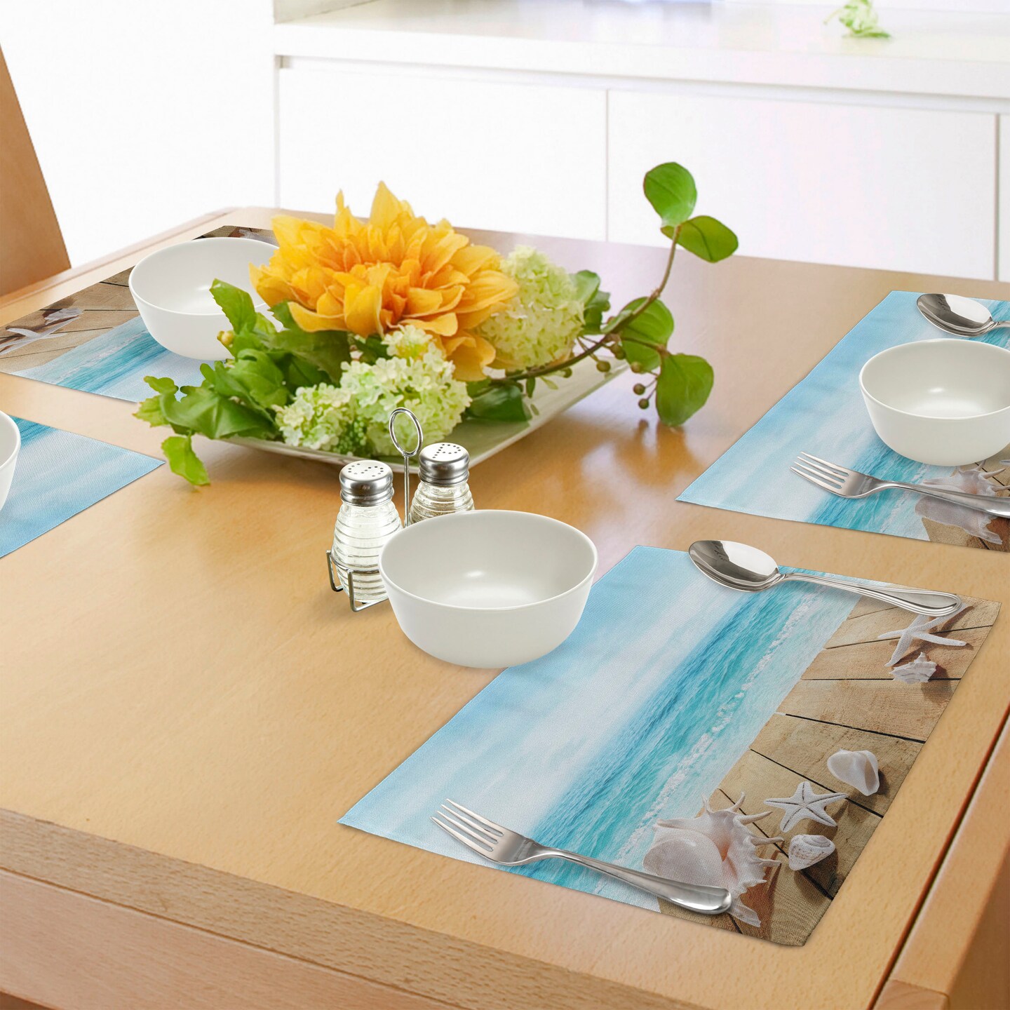 Ambesonne Seashells Place Mats Set of 4, Wooden Boardwald Sunshine Vacations Beach Theme, Washable Fabric Placemats for Dining Table, Standard Size, Pale Brown Beige