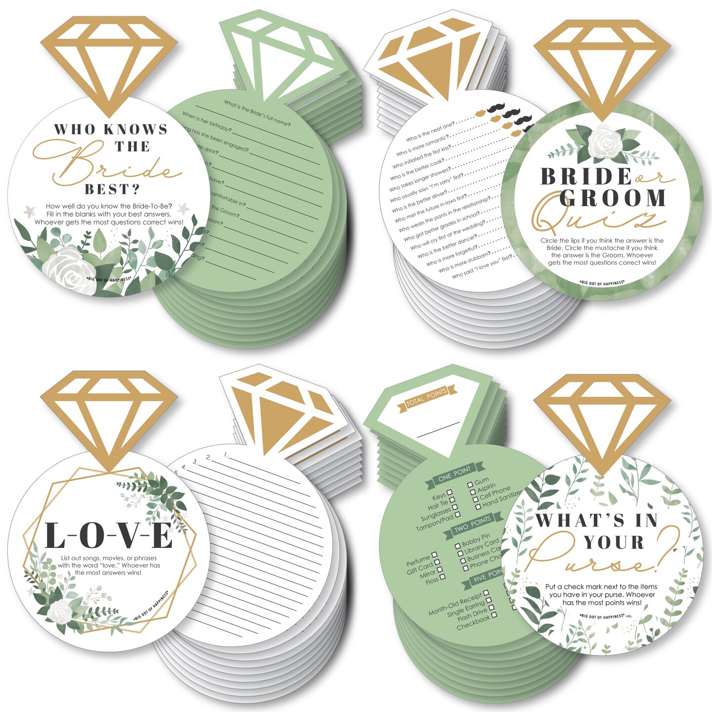 Big Dot of Happiness Boho Botanical Bride - 4 Games - Who Knows The Bride Best, Bride or Groom Quiz,&#xA0;What&#x2019;s in Your Purse and Love - Gamerific Bundle