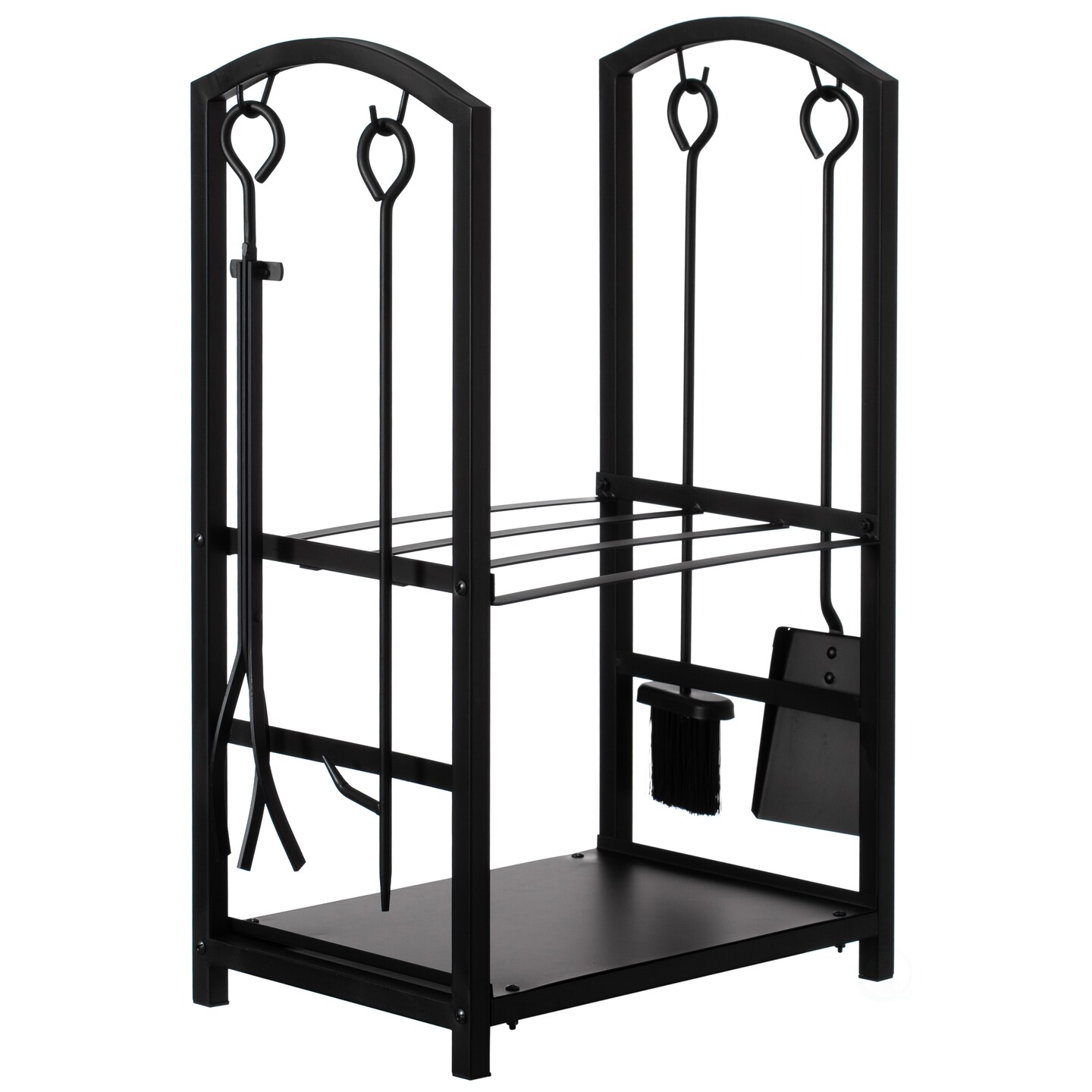 Indoor and Outdoor Patio Iron Firewood Log Cart with Fireplace Tool Rack, Black