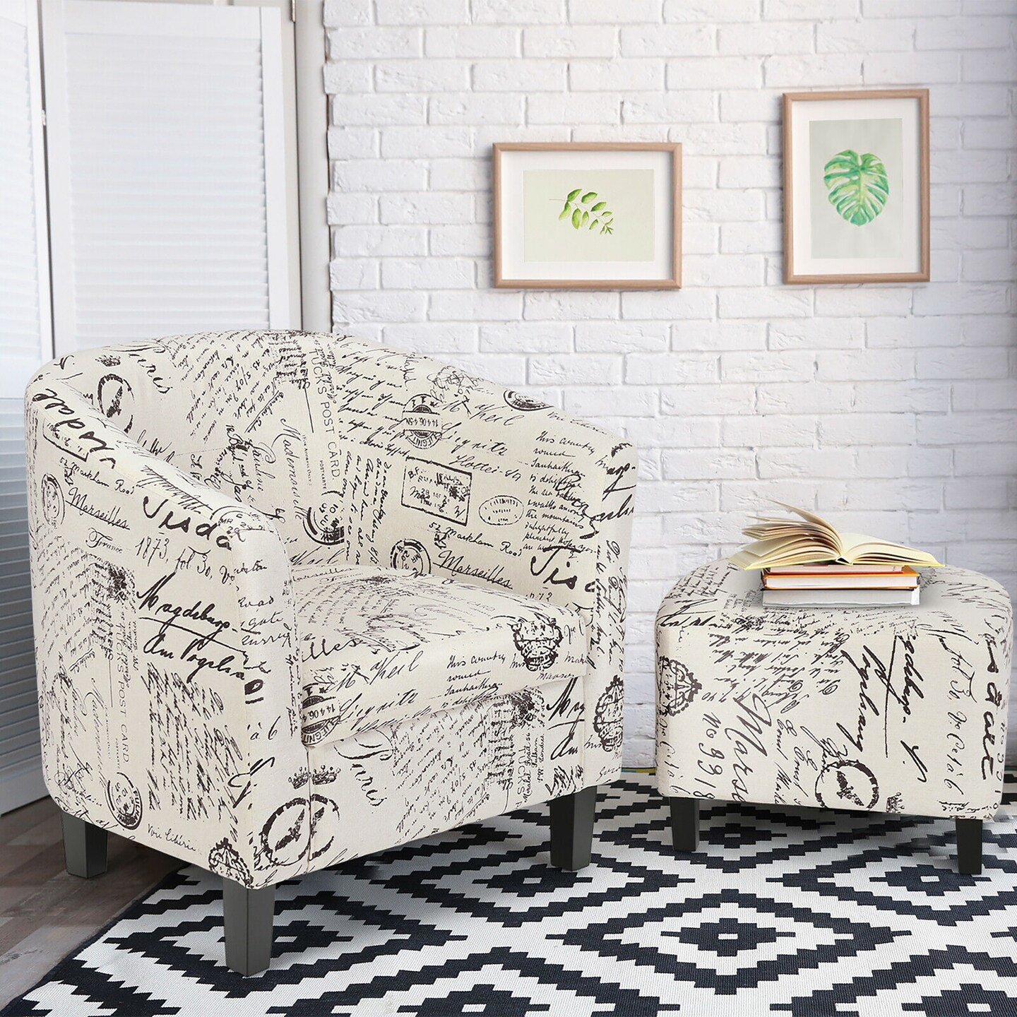Costway Barrel Accent Chair Tub Chair Linen Fabric Upholstered w/Ottoman Modern Beige