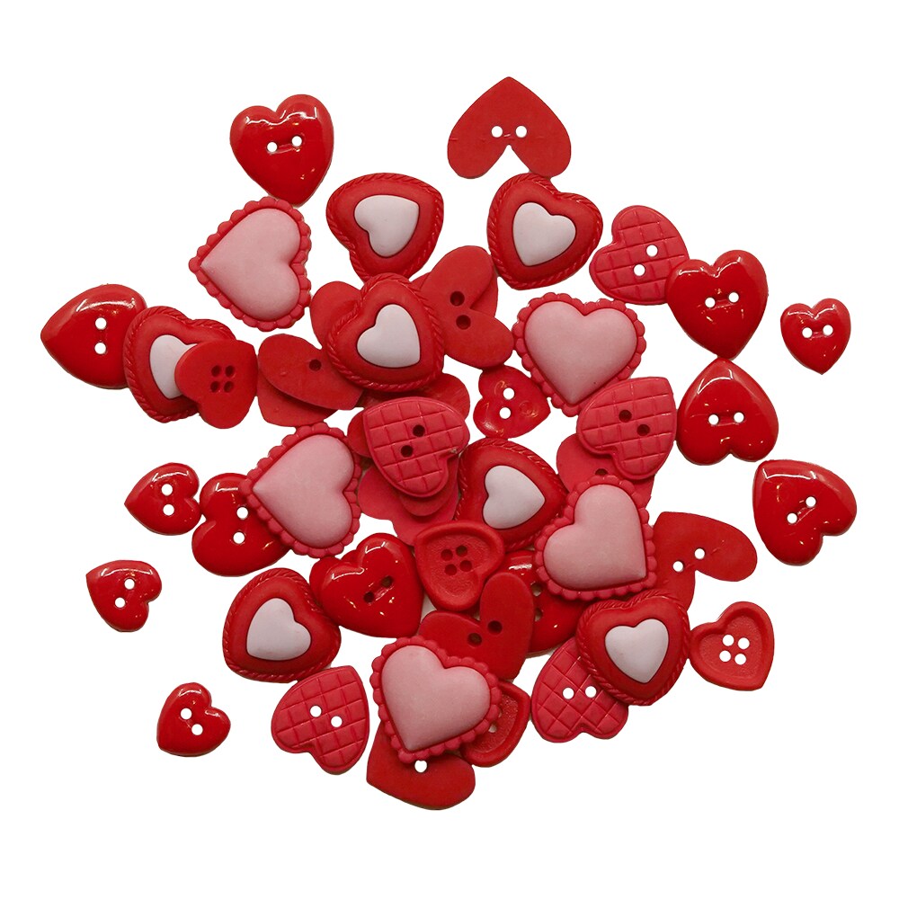 Heart Button Assortment &#x2013; 50 Red &#x26; Pink Valentine&#x2019;s Day Buttons for Sewing &#x26; Crafts &#x2013; Resin Novelty Heart Designs