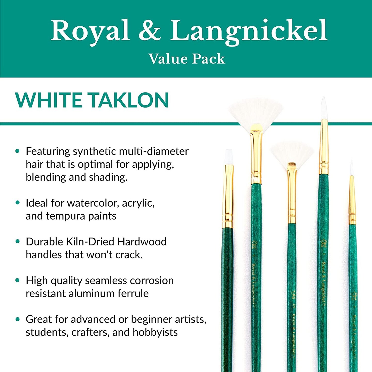 Royal&Langnickel(R) White Taklon LongHandle Value Brush Pack-Medium, 12/Pkg