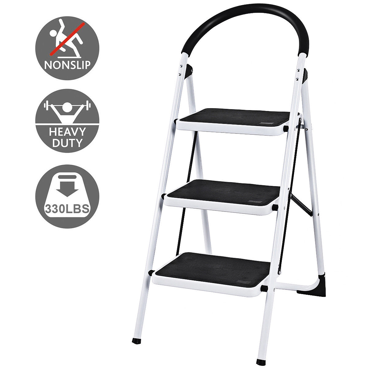 Costway 3 Step Ladder Folding Stool Heavy Duty 330Lbs Capacity Industrial Lightweight, Black