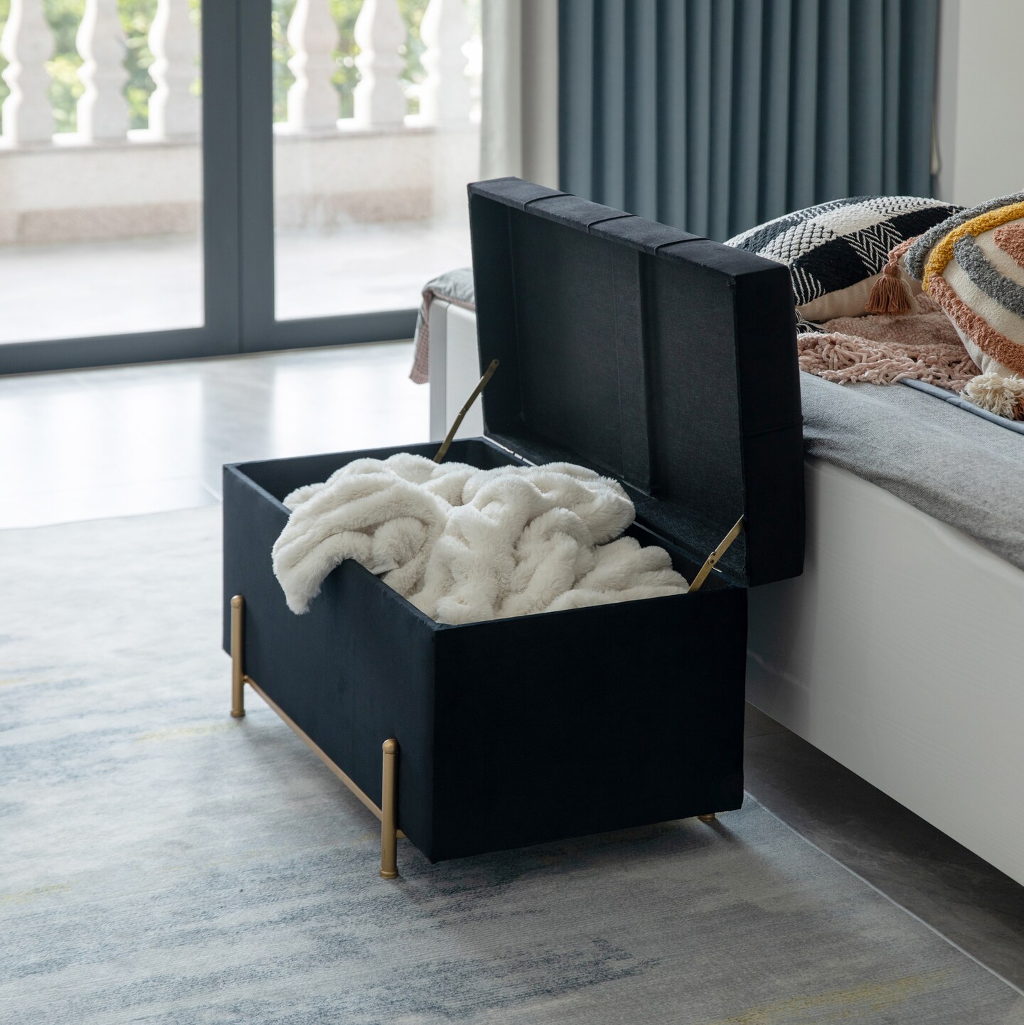 Large Rectangle Velvet Storage Ottoman Stool Box with Golden Legs | Decorative Sitting Bench for Living Room Home Decor with Cylindrical Golden Support