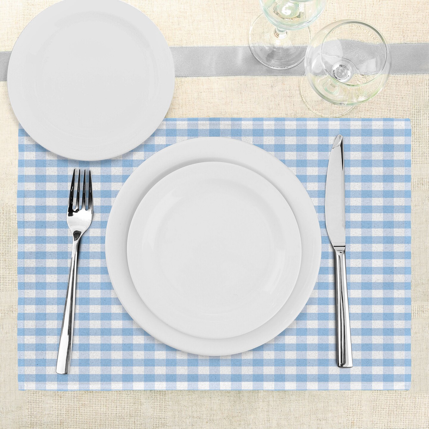 Ambesonne Checkered Place Mats Set of 4, Little Squares and Stripes Pastel Color Gingham Repeating Rows Vintage Tile, Washable Fabric Placemats for Dining Table, Standard Size, Pale Blue White