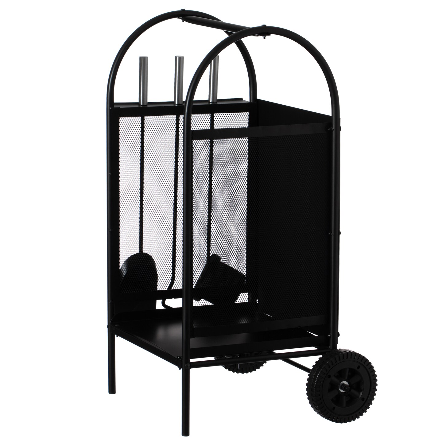 Indoor and Outdoor Patio Iron Firewood Log Cart with Wheels and Fireplace Tool Set, Black