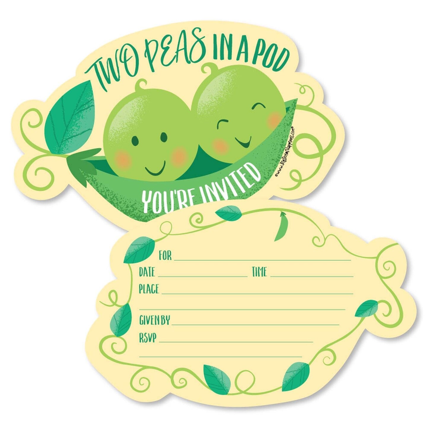 Big Dot of Happiness Double the Fun - Twins Two Peas in a Pod - Shaped Invites - Baby Shower or Birthday Party Invite Cards with Envelopes - Set of 12