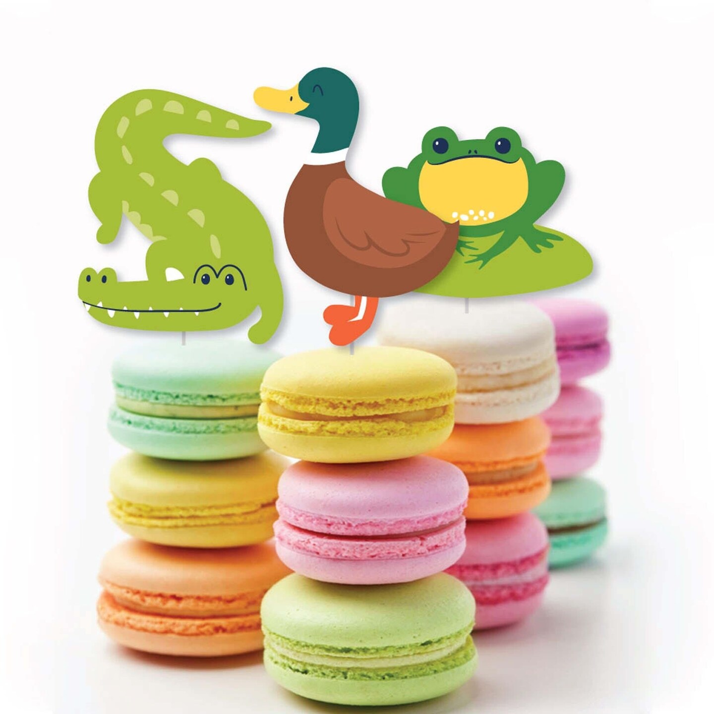 Big Dot of Happiness Pond Pals - Dessert Cupcake Toppers - Frog Alligator Turtle Beaver &#x26; Duck Birthday Party or Baby Shower Clear Treat Picks - 24 Ct