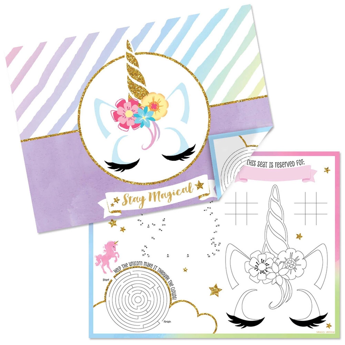 Big Dot of Happiness Rainbow Unicorn - Paper Magical Unicorn Birthday Party Coloring Sheets - Activity Placemats - Set of 16