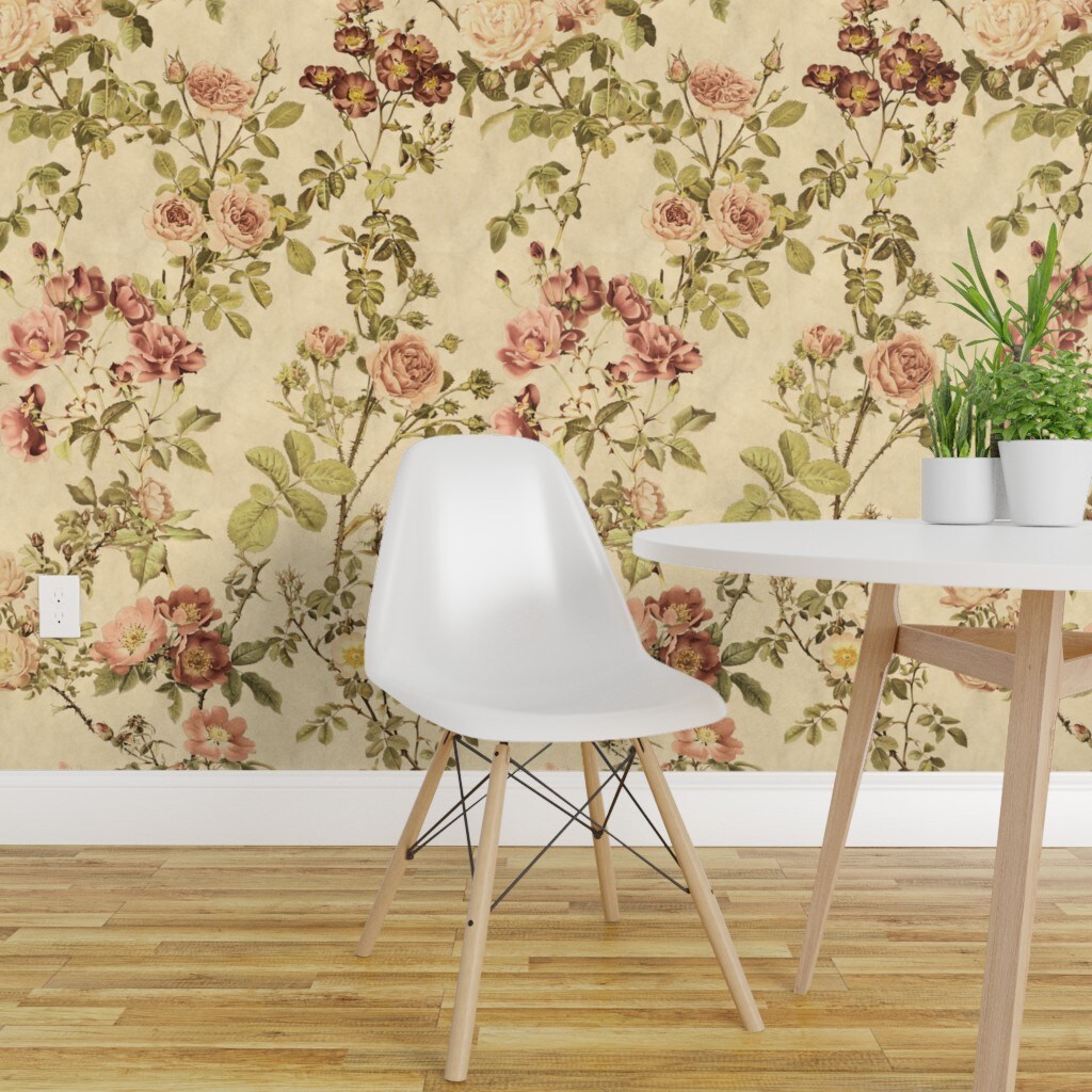 Pre-Pasted Wallpaper 2FT Wide Watercolor English Rose Botanical Floral ...