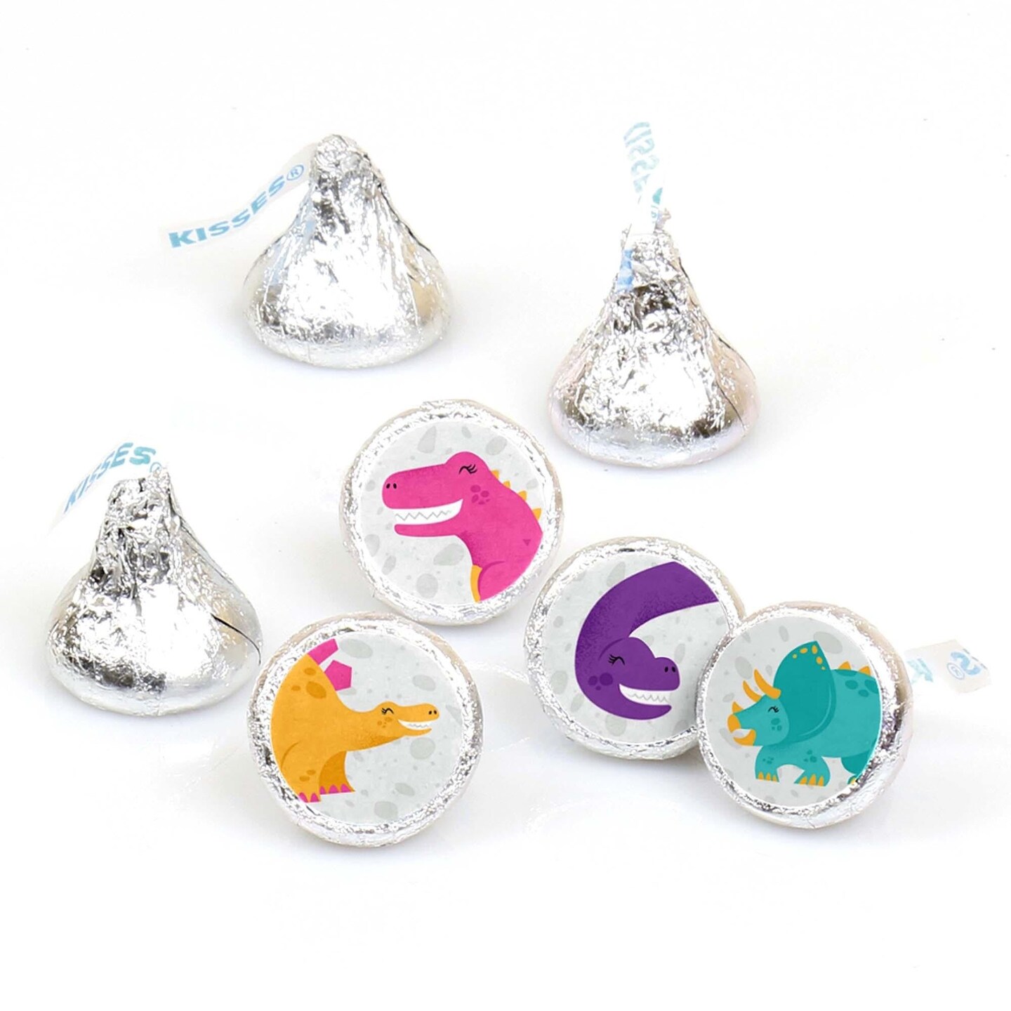 Big Dot of Happiness Roar Dinosaur Girl - Dino Mite T-Rex Party Round Candy Sticker Favors - Labels Fits Chocolate Candy (1 sheet of 108)