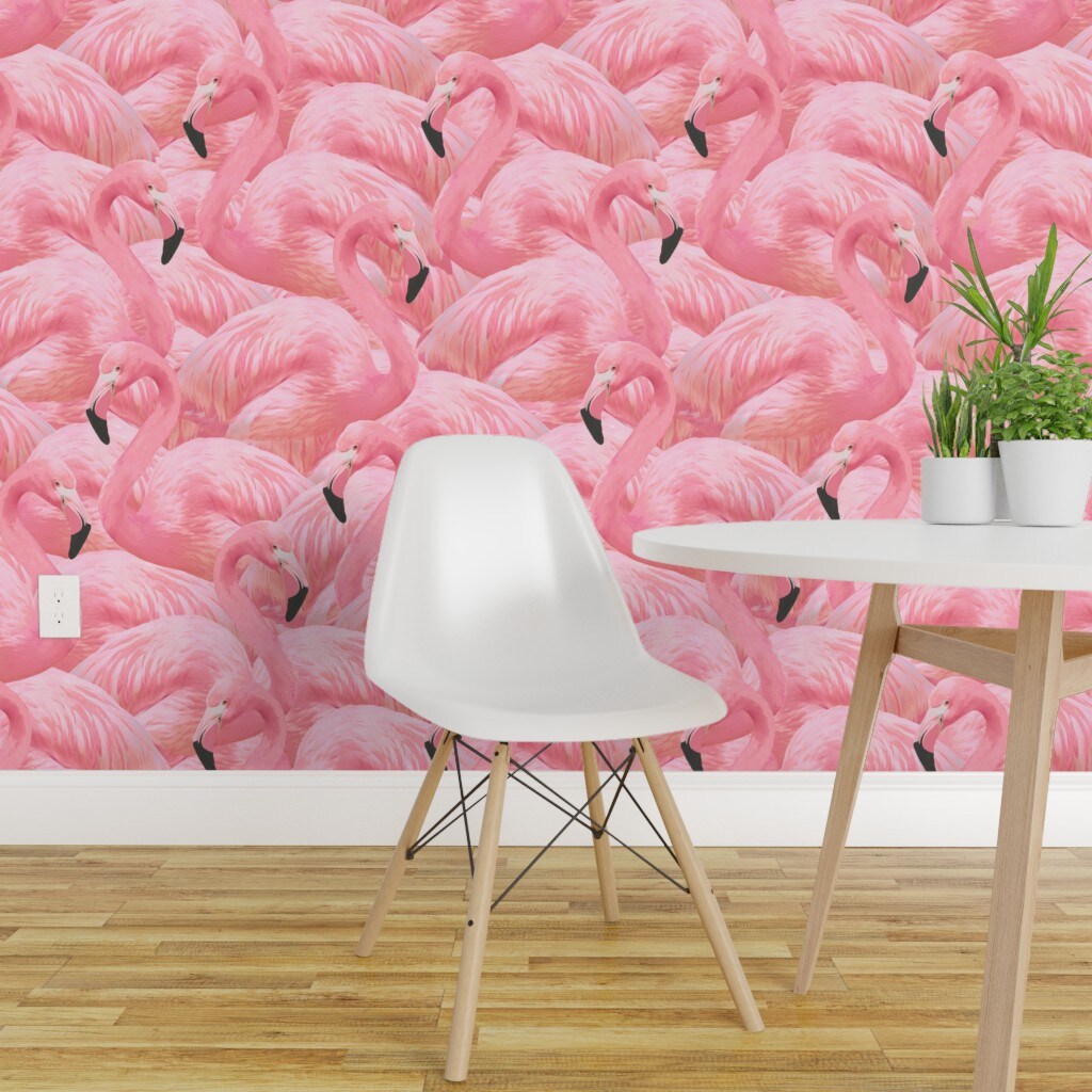Peel &#x26; Stick Wallpaper 2FT Wide Pink Flamingo Tropical Bird Coral Island Summer Custom Removable Wallpaper by Spoonflower