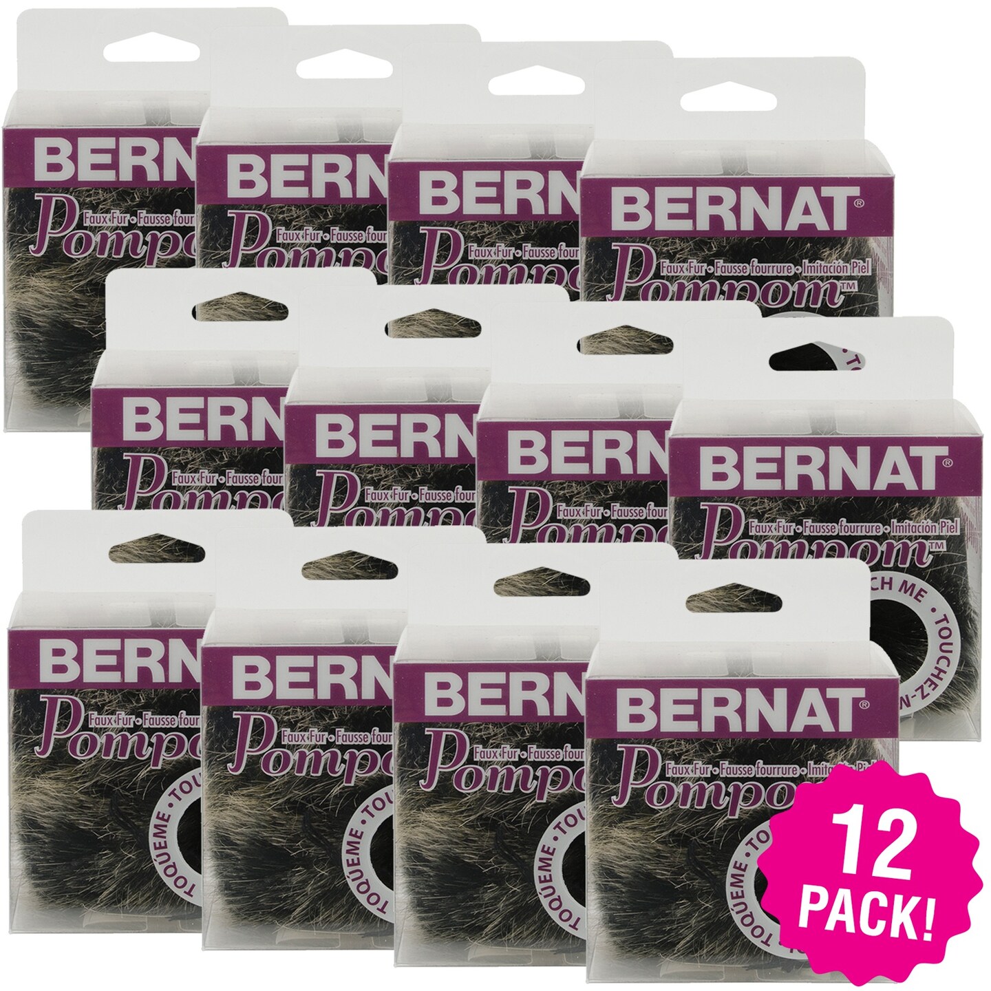 Multipack of 12 - Bernat Faux Fur Pompom 1/Pkg-Black Mink