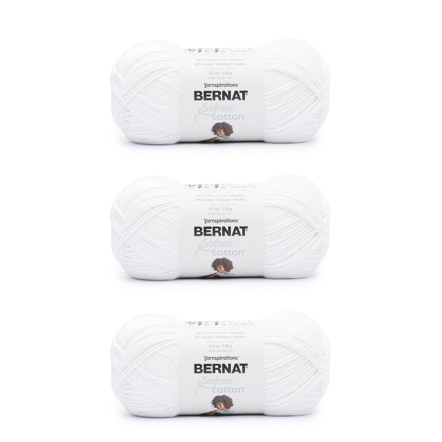 Bernat Softee Cotton Clear White Yarn - 3 Pack of 120g/4.25oz - Nylon - 3 DK (Light) - 254 Yards - Knitting/Crochet