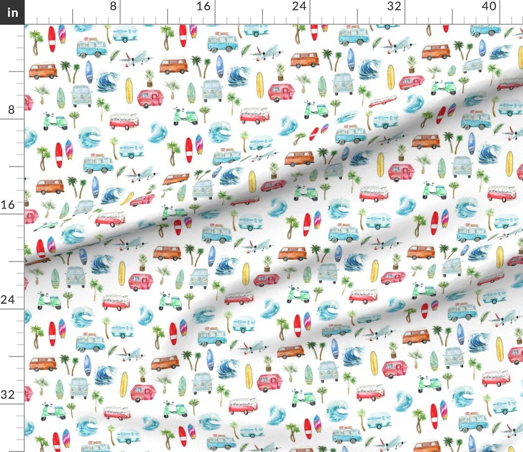 Ocean Vintage Beach White Summer Bus Tropical Nautical Custom Printed Fabric by Spoonflower Various Fabrics by the Yard or Fat Quarter