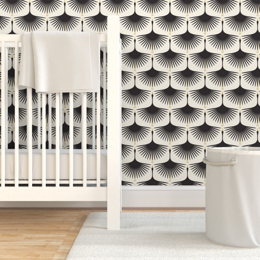 Pre-Pasted Wallpaper 2FT Wide Art Deco Elegant Swan Midcentury Mod Crane Black On Cream Custom Pre-pasted Wallpaper by Spoonflower