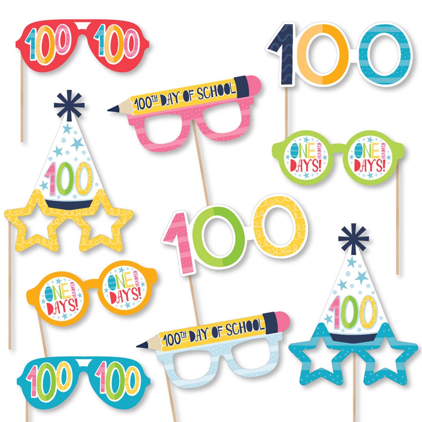 Big Dot of Happiness Happy 100th Day of School Glasses - Paper Card Stock 100 Days Party Photo Booth Props Kit - 10 Count