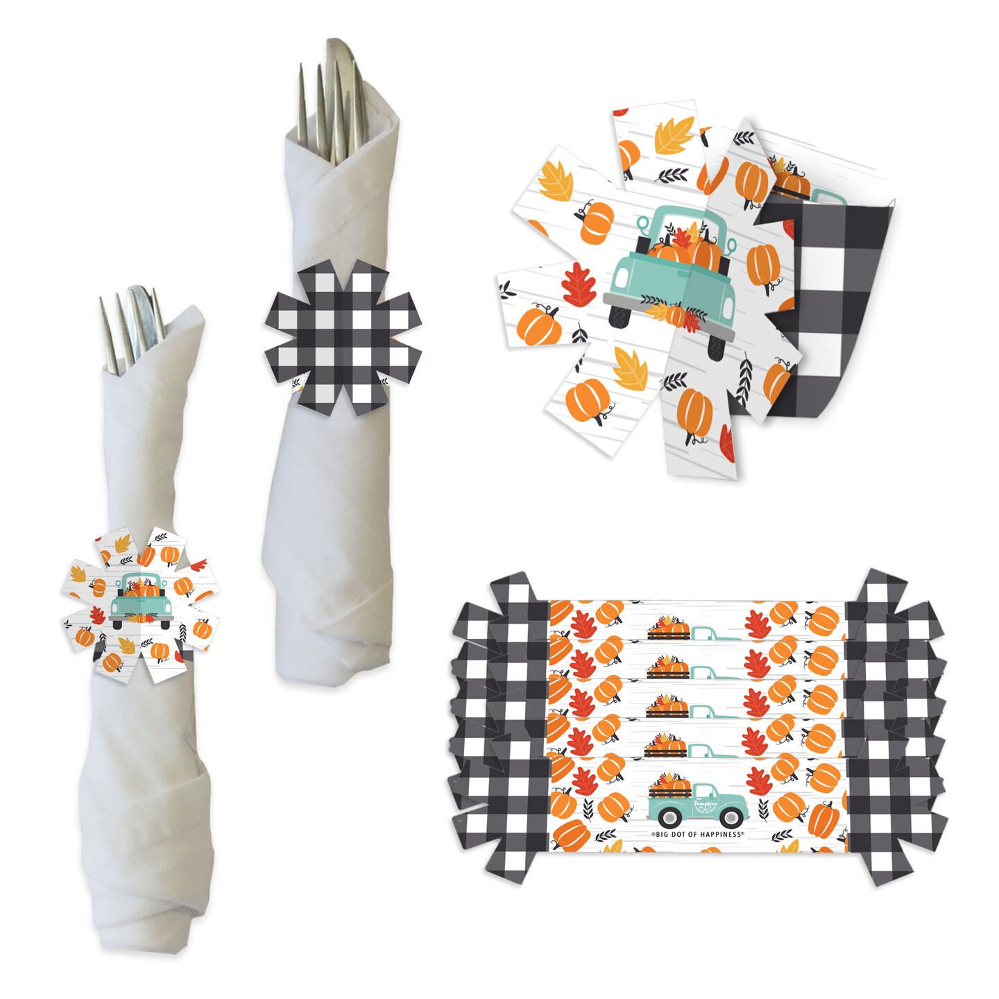 Big Dot of Happiness Happy Fall Truck - Harvest Pumpkin Party Paper Napkin Holder - Napkin Rings - Set of 24