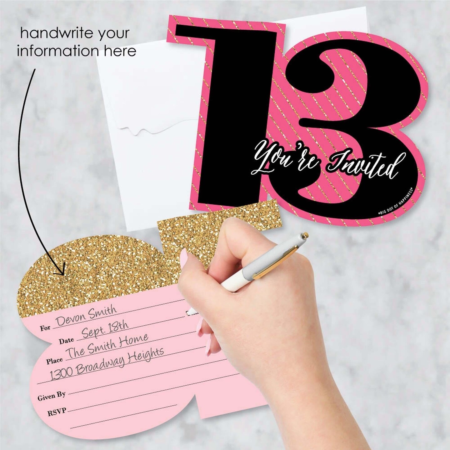 Big Dot of Happiness Chic 13th Birthday - Pink, Black and Gold - Shaped Fill-in Invites - Birthday Party Invitation Cards with Envelopes - Set of 12