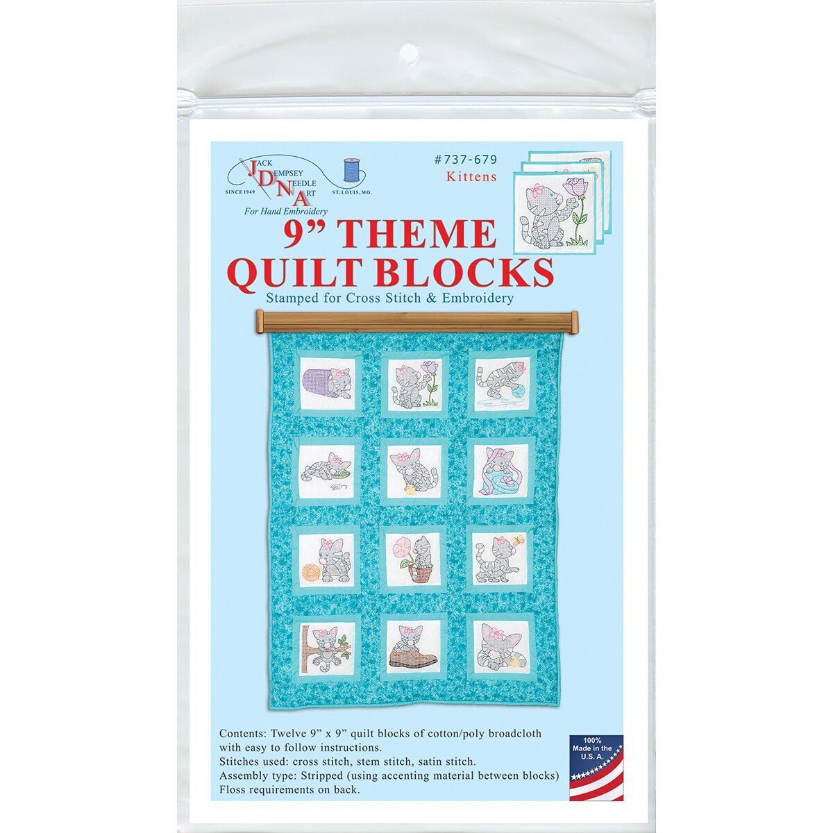 Jack Dempsey Themed Stamped White Quilt Blocks 9&#x22;X9&#x22; 12/Pkg-Kittens