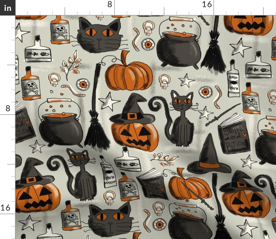 Vintage Halloween Pumpkin Cat Spooky Style Orange Custom Printed Fabric by Spoonflower Various Fabrics by the Yard or Fat Quarter
