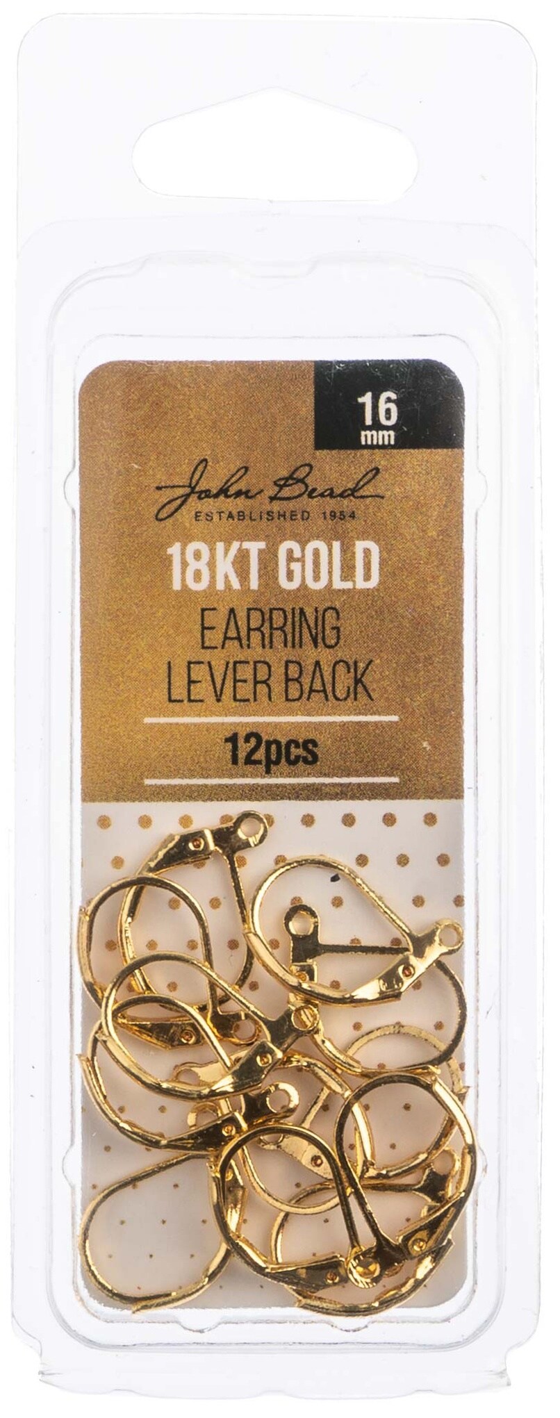John Bead Earring Lever Back 16mm 12/Pkg-18kt Gold Plated