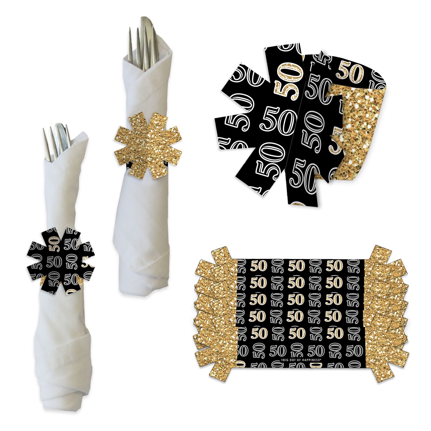 Big Dot of Happiness Adult 50th Birthday - Gold - Birthday Party Paper Napkin Holder - Napkin Rings - Set of 24