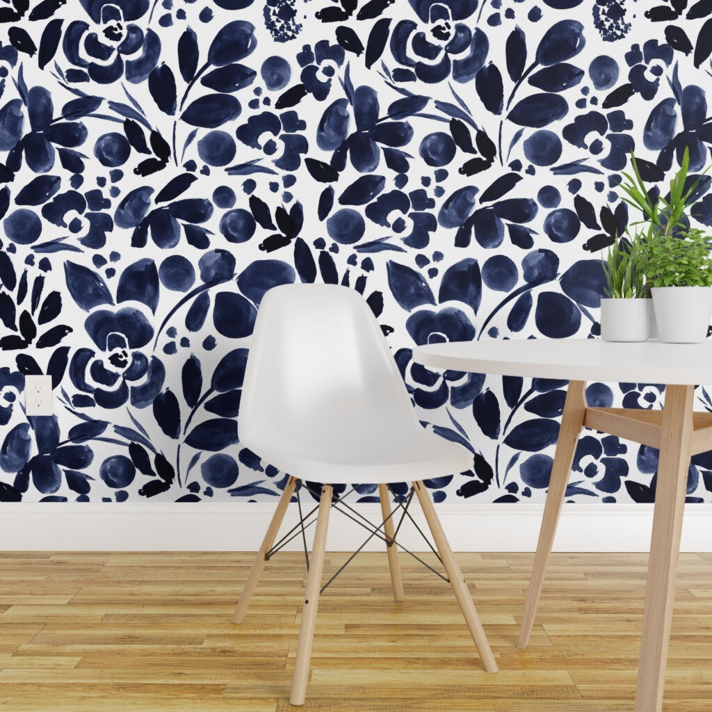 Pre Pasted Wallpaper 2ft Wide Navy Blue White Floral Dark Indigo Watercolor Romantic Flowers