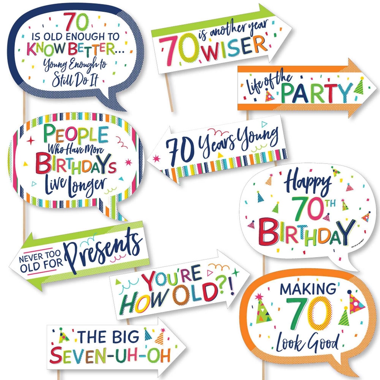Big Dot of Happiness Funny 70th Birthday - Cheerful Happy Birthday - Colorful Seventieth Birthday Party Photo Booth Props Kit - 10 Piece