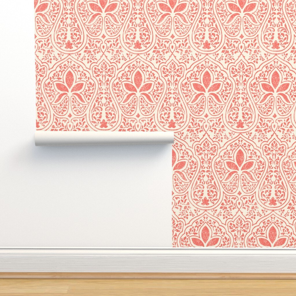 Bohemian Coral Batik Indian Inspired Weathered Look Boho Worldly Decor Summer Pink Custom Removable Wallpaper by Spoonflower Peel & Stick Wallpaper 2FT Wide