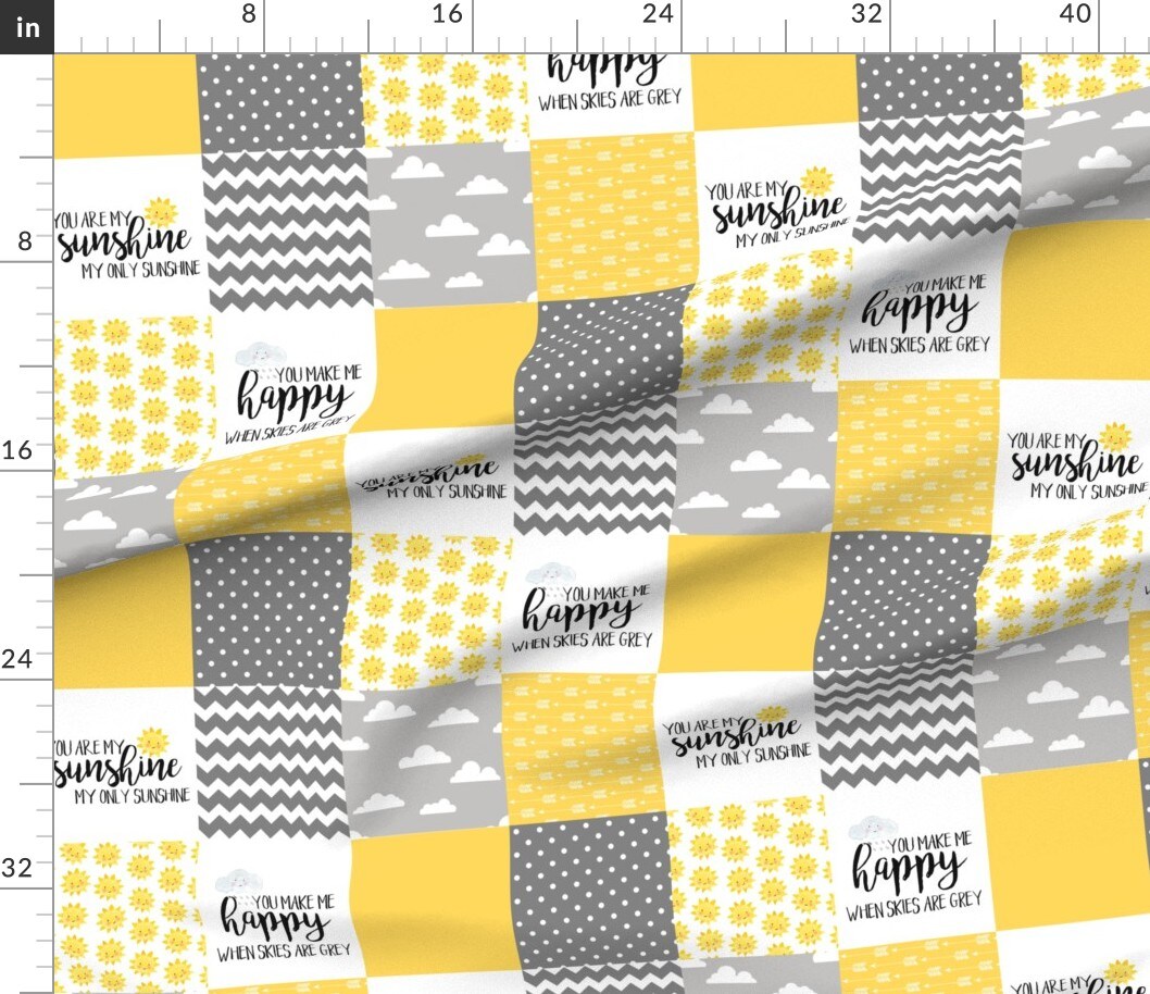 Various Fabrics by the Yard or Fat Quarter Sunshine Wholecloth Cheater Quilt Topper Gray White Yellow Clouds Sun Chevron Stripe Polka Dot Custom Printed Fabric by Spoonflower