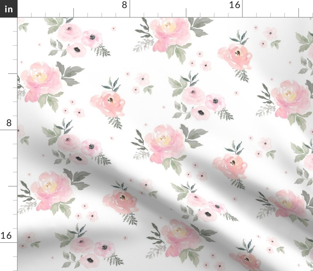 Blush Pink, Sweet, Roses, Girl, Floral, Cottage, Shabby Chic, Nursery, Watercolor, Flowers, Wedding Custom Printed Fabric by Spoonflower Various Fabrics by the Yard or Fat Quarter