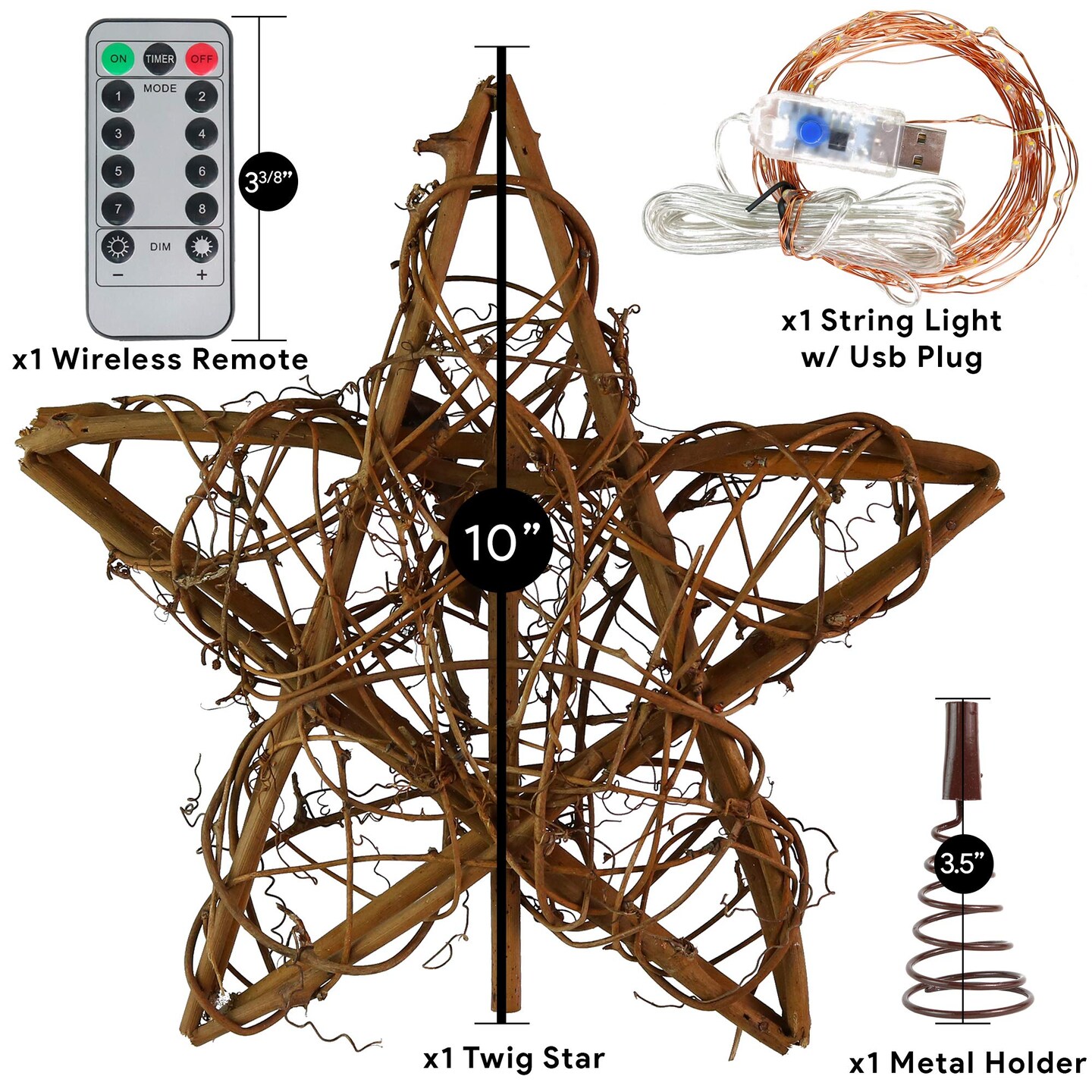 Ornativity Rattan Star Tree Topper - Christmas Rustic LED Light Up Tree Topper Decoration