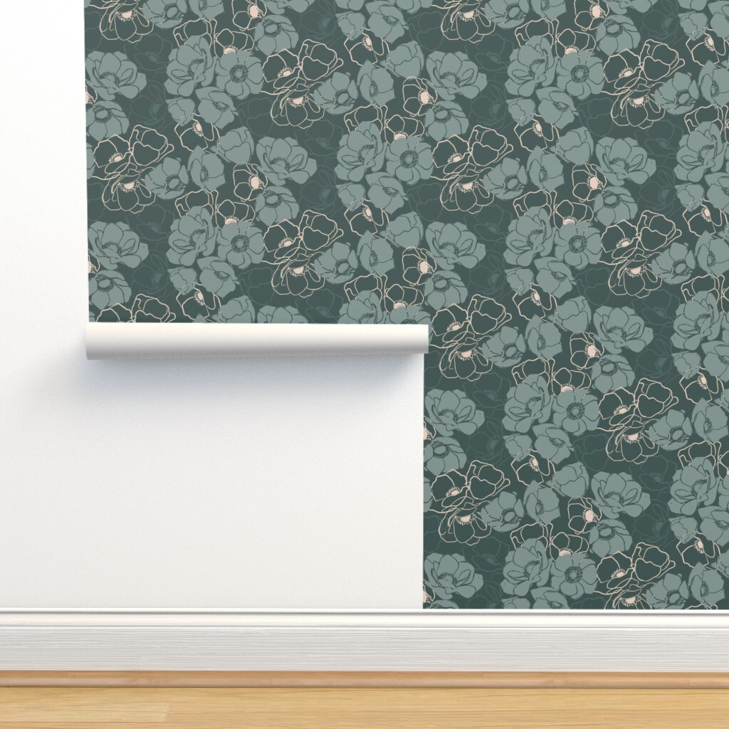 Emerald Modern Floral Botanical Blush Custom Pre-pasted Wallpaper by Spoonflower Pre-Pasted Wallpaper 2FT Wide