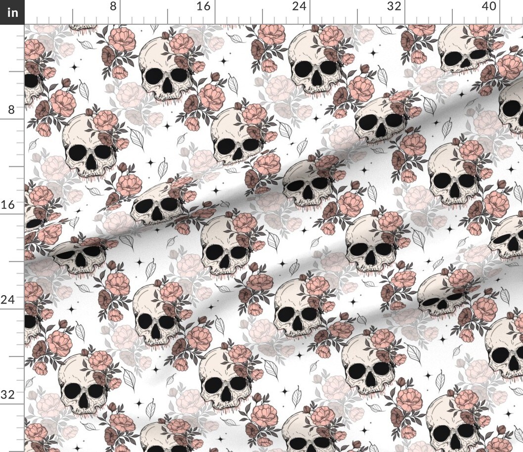 Various Fabrics by the Yard or Fat Quarter Gothic Floral Skull Skeleton Botanical Flowers Modern Tattoo Pink Roses Custom Printed Fabric by Spoonflower
