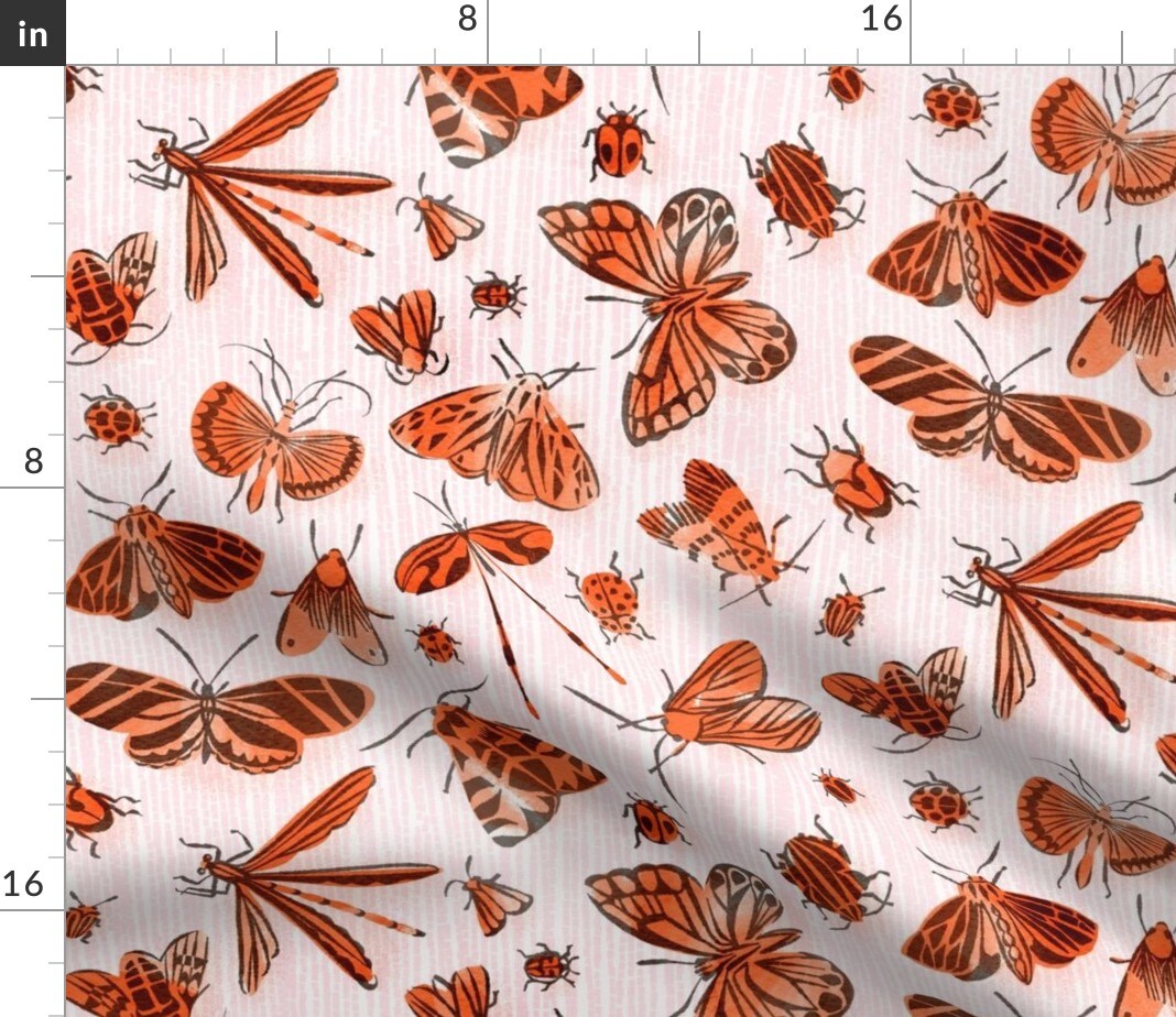 Orange Bugs Retro Vintage Large Scale Fifties Style On Pink Butterfly Beetle Custom Printed Fabric by Spoonflower Various Fabrics by the Yard or Fat Quarter