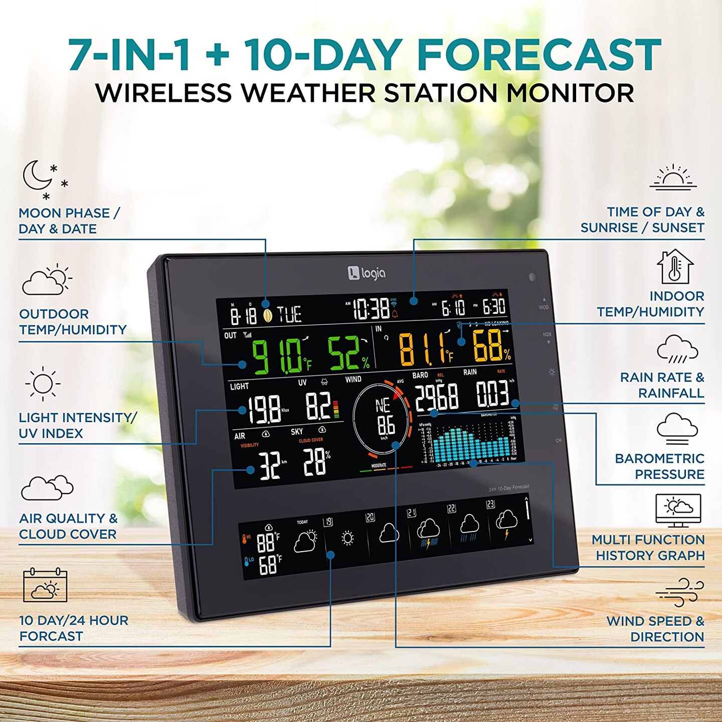 Logia 7-in-1 WiFi Wireless Weather Station 8&#x22; with solar panel and 10-Day Forecast