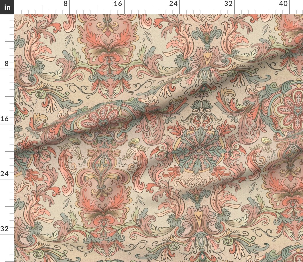 Various Fabrics by the Yard or Fat Quarter Pink Florla Teal Wallpaper Angels Italian Coral Baroque Ancient Acanthus Rococo Rosette Large Scale Custom Printed Fabric by Spoonflower