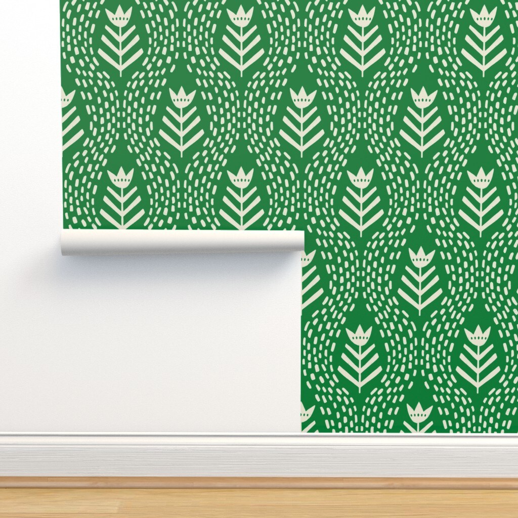 Simple Floral Rustic Botanical Hand Drawn Green And Cream Tulip Custom Pre-pasted Wallpaper by Spoonflower Pre-Pasted Wallpaper 2FT Wide