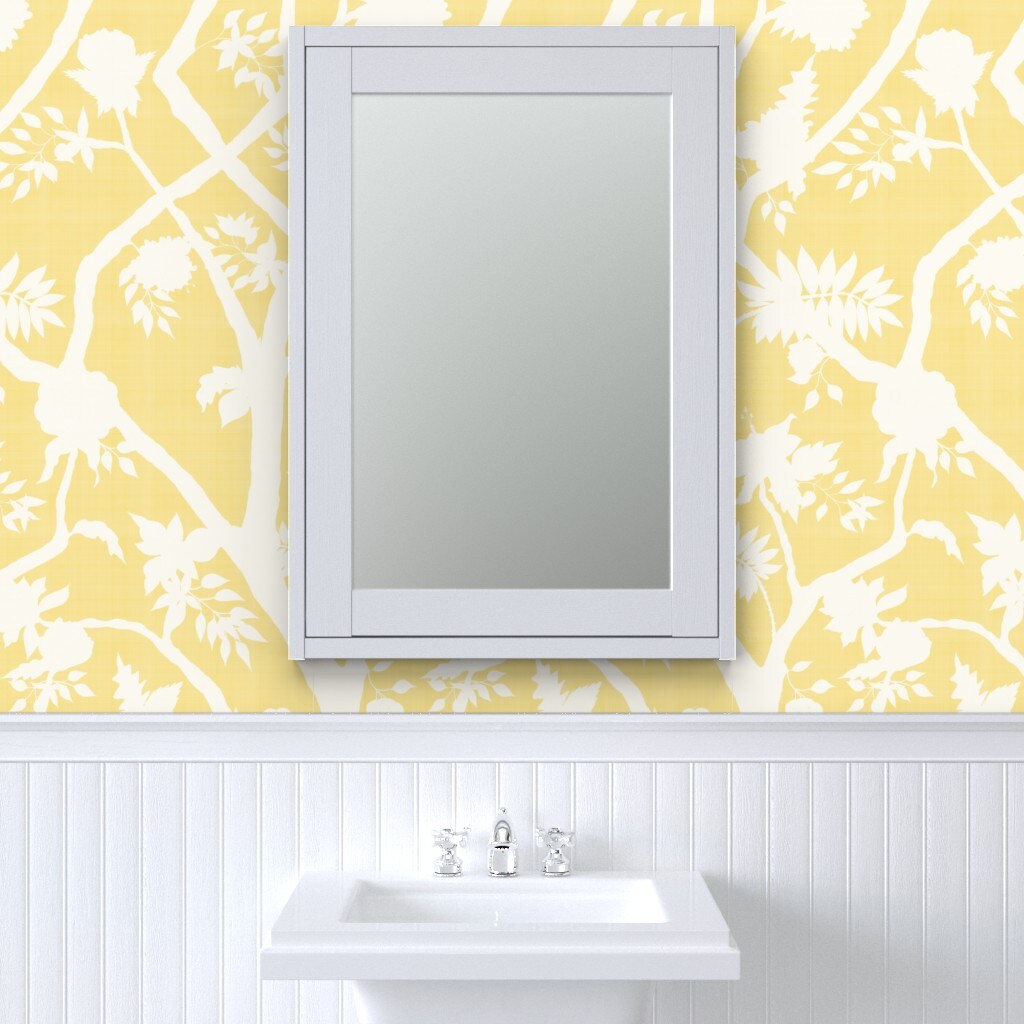 Peel &#x26; Stick Wallpaper 2FT Wide Chinoiserie Butter Yellow Cream Floral Flower Silhouette Timeless Grandmillenial Custom Removable Wallpaper by Spoonflower