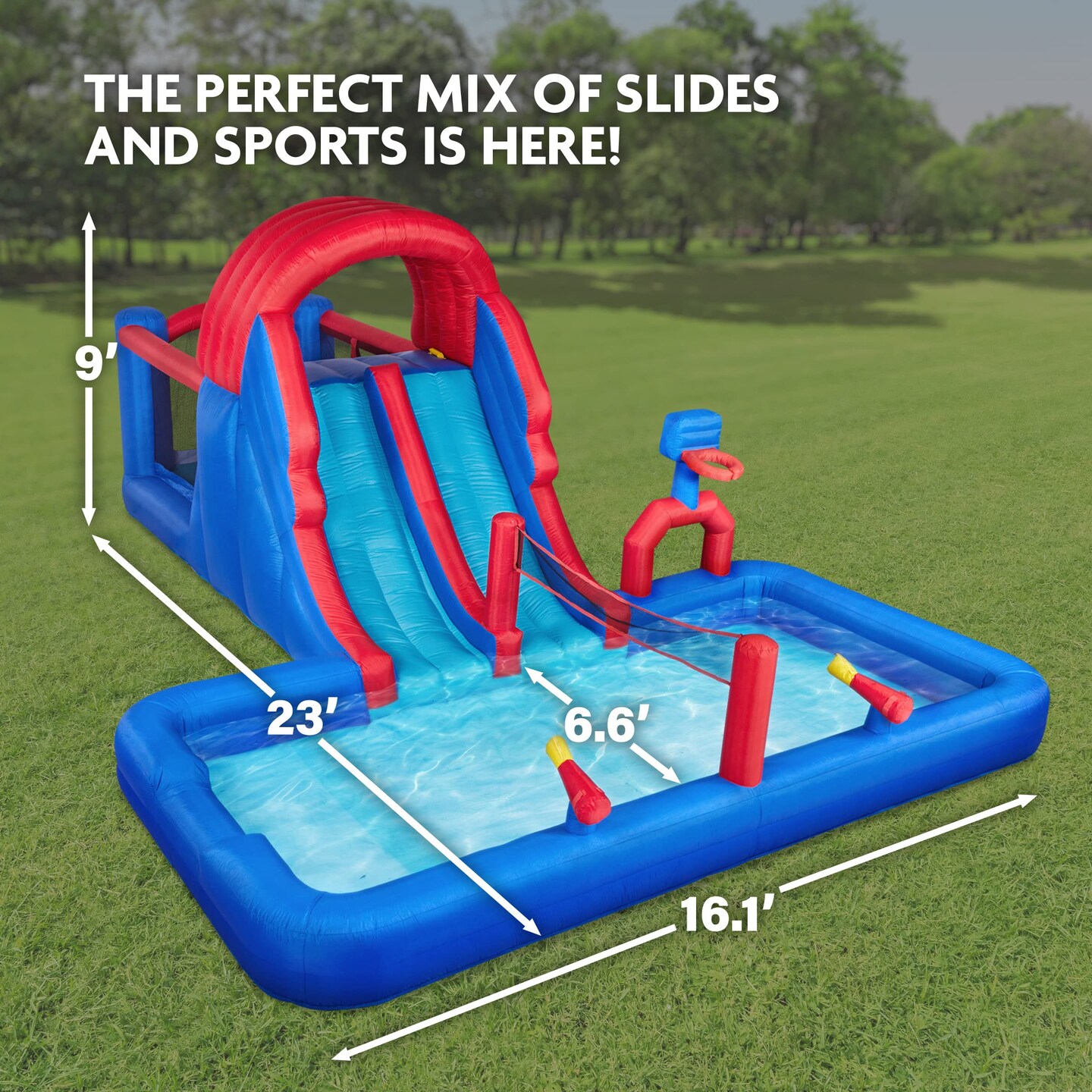 Sunny &#x26; Fun Inflatable Water Slide, Kids Pool With Slide &#x26; Bounce House W/Air Pump &#x26; Carrying Case