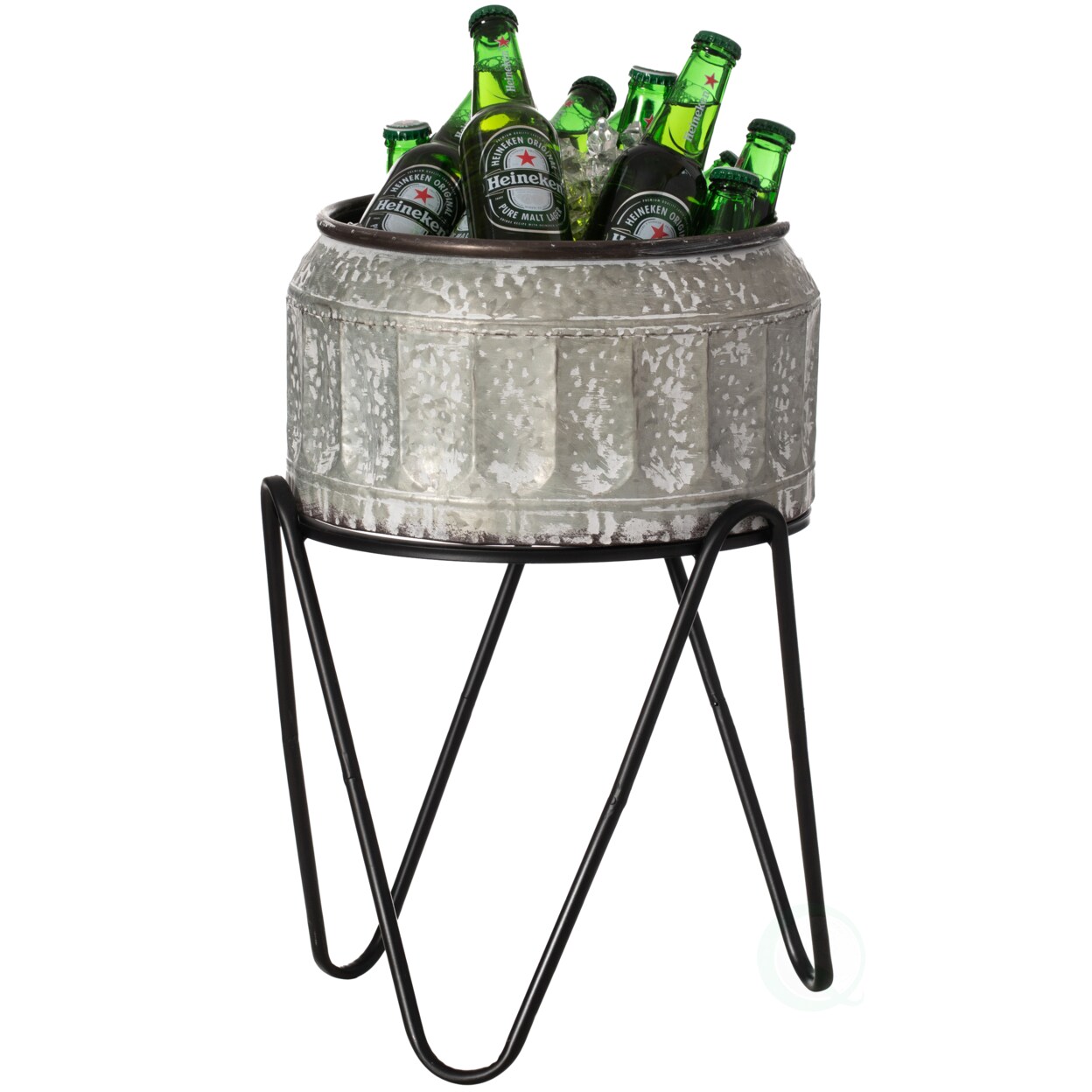 Silver Galvanized Metal Ice Bucket Beverage Cooler Tub With Stand Vintage Style