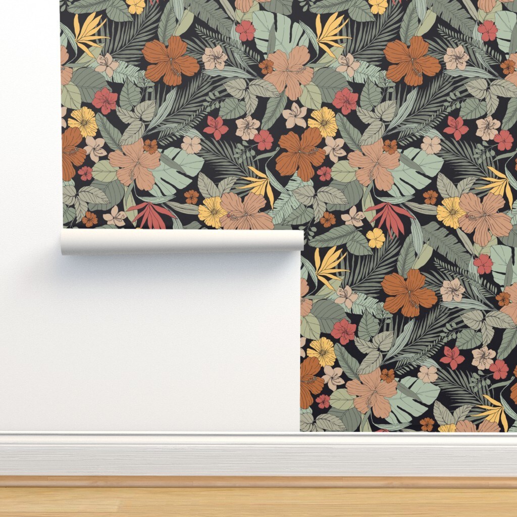 Tropical Floral Exotic Jumbo Scale Flowers Hibiscus Leaves Botanical Custom Pre-pasted Wallpaper by Spoonflower Pre-Pasted Wallpaper 2FT Wide