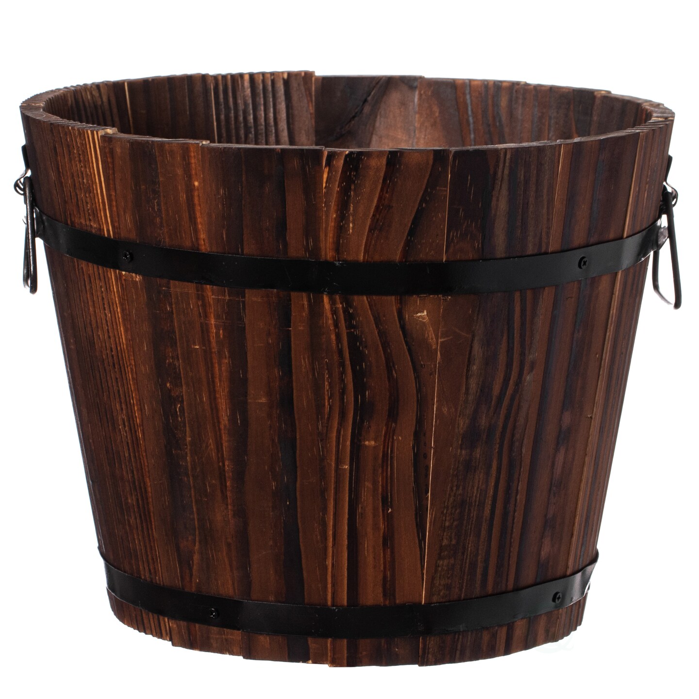 Rustic Wooden Whiskey Barrel Planter With Metal Handles And Drainage Holes 18In
