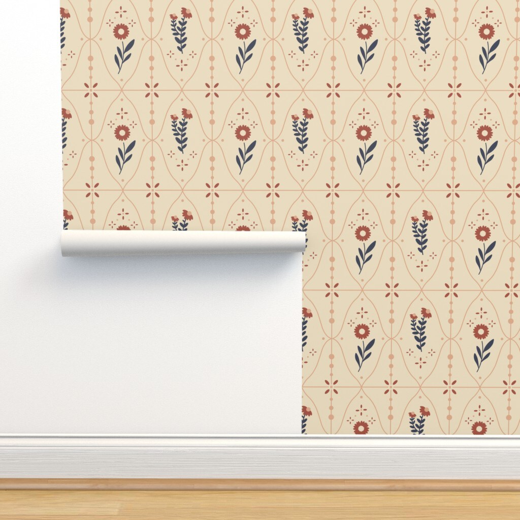 Rust Floral Scandi Flowers Traditional Minimal Navy Cream Large Scale Custom Removable Wallpaper by Spoonflower Peel & Stick Wallpaper 2FT Wide