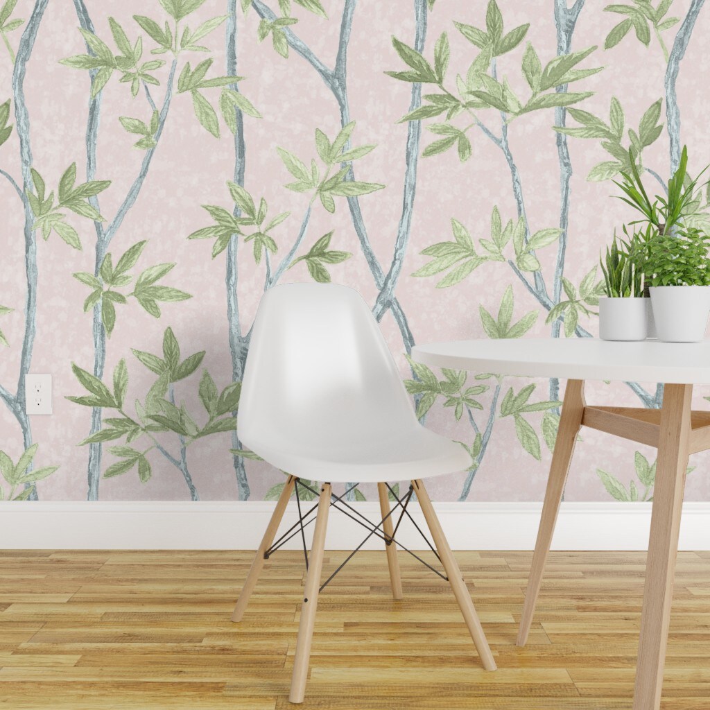 Peel &#x26; Stick Wallpaper 2FT Wide Chinoiserie Blush And Green Large Scale Pastel Forest Custom Removable Wallpaper by Spoonflower